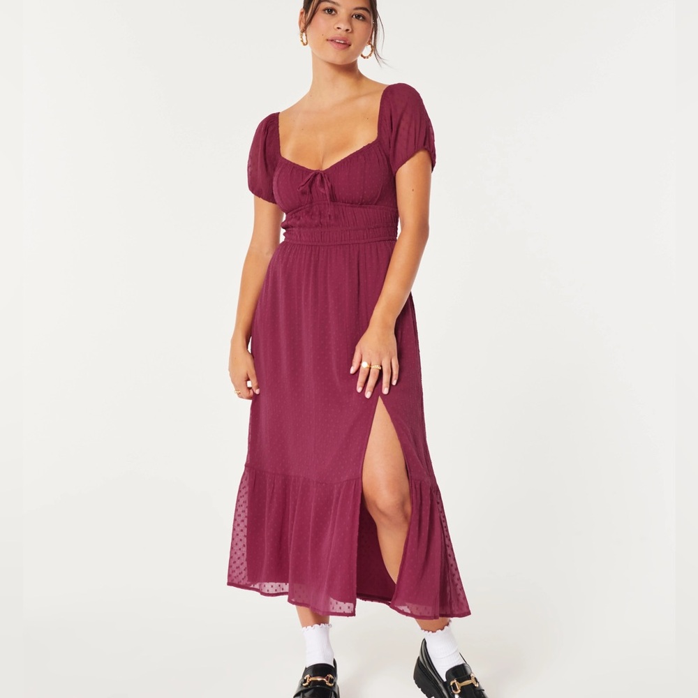 Women's raspberry Short-sleeve Channelled Midi Dress